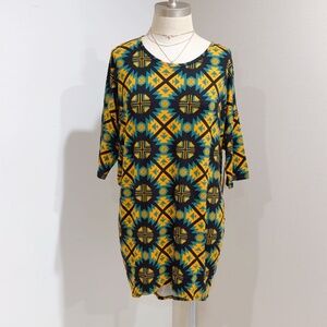 LuLaRoe Women's Yellow Teal Black Aztec Print Short Sleeve Irma Tunic Top Size S